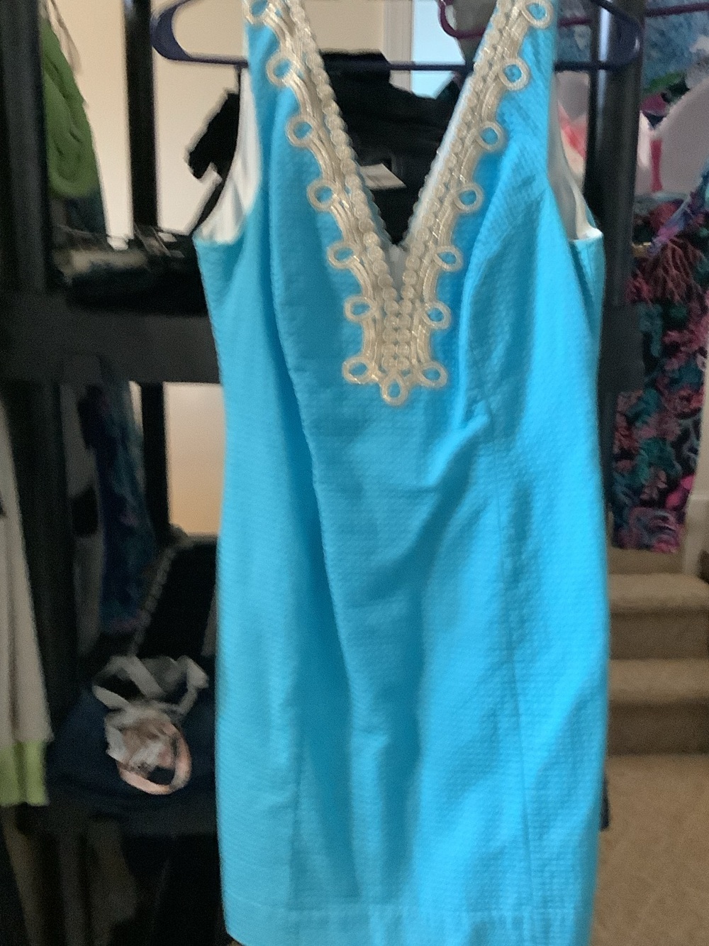 Lilly Pulitzer Turquoise shift dress with gold trim, textured